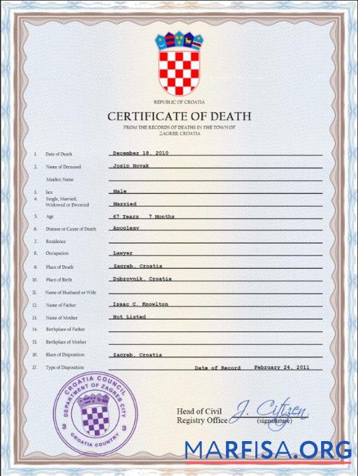 Downloadable Croatia death certificate PSD template